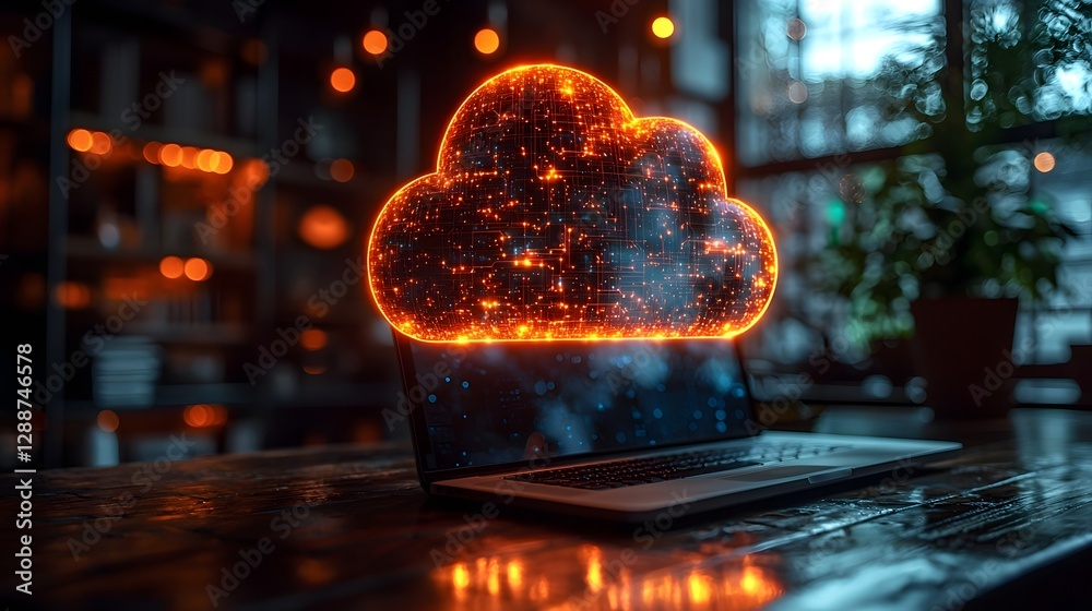 Poster glowing floating cloud above minimalist workspace symbolizing virtual data storage and efficient man