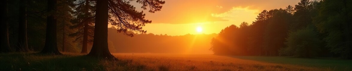 Obraz premium Golden halo surrounds a serene forest at dawn, atmosphere, sunrise
