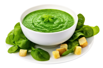 Overhead view of a bowl of spinach soup with a vibrant green color, surrounded, isolated on white background