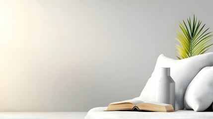 A serene interior scene featuring a book, a vase, and a green plant on a cozy bed, evoking peace and relaxation.