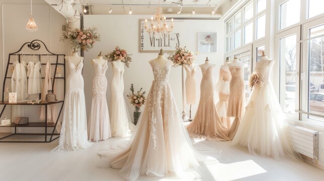 A collection of stunning wedding dresses showcases diverse styles and intricate designs in a well-lit bridal boutique