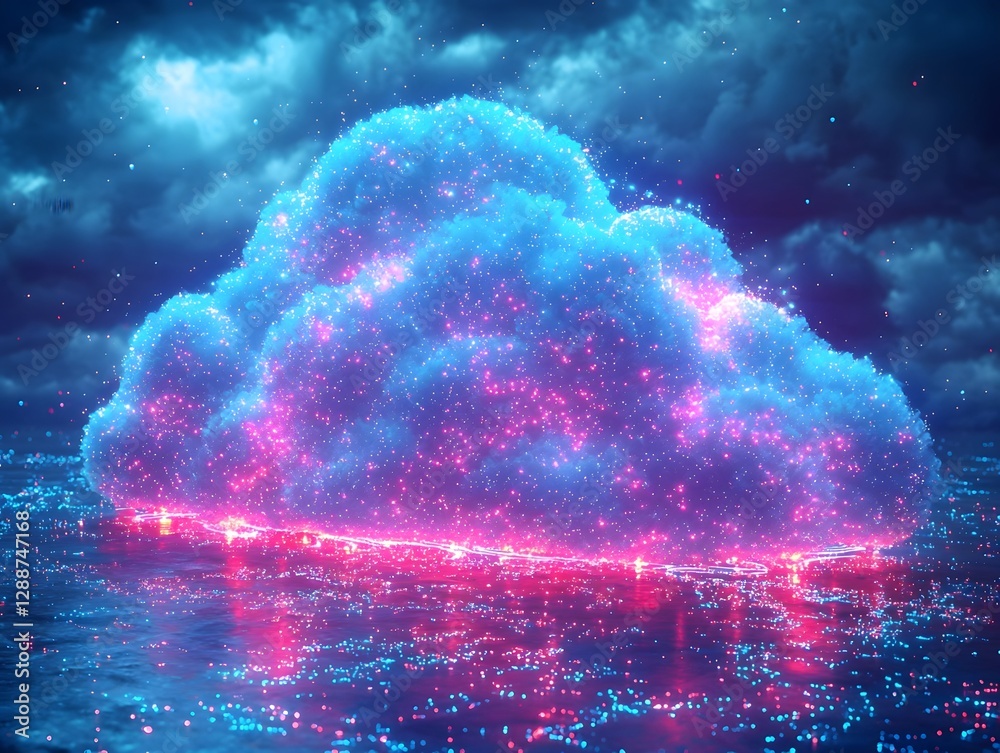 Poster glowing neon cloud with dynamic light trails symbolizing data processing and flow