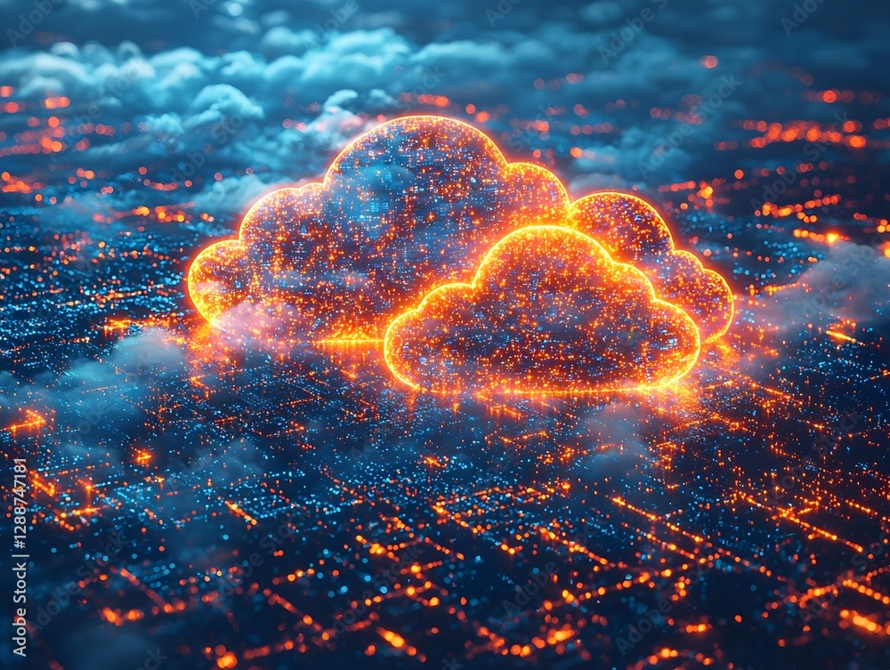 Poster glowing neon cloud concept with dynamic light trails forming endless loops symbolizing continuous da