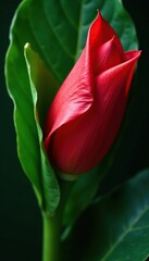 An exotic red bloom unfolding within a green leaf fold, blossom, botanical, flowers