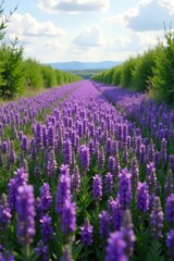 A field of purple flowers stretching out towards the horizon among tall bushes, field, nature, landscape
