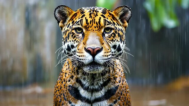 Jaguar resting in the rain with droplets cascading on its fur
