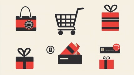 A sleek set of shopping icons, including a cart, credit card, and gift box.