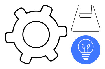 Gear, shopping bag, and light bulb icons signify concepts of innovation, commerce, and creativity. Ideal for business strategies, ecommerce, shopping technology, problem-solving development