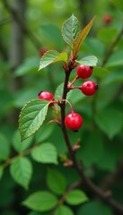 Low bush cranberry with red berries and thorns, woodland, evergreen tree