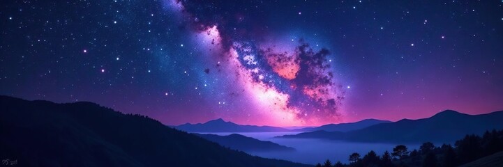 Fototapeta premium Milky Way glows softly in the dark sky with a touch of silver, galaxy, purple