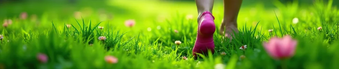  Pink footprints in dewy grass amidst lush greenery, flower fields, green landscapes © methinee