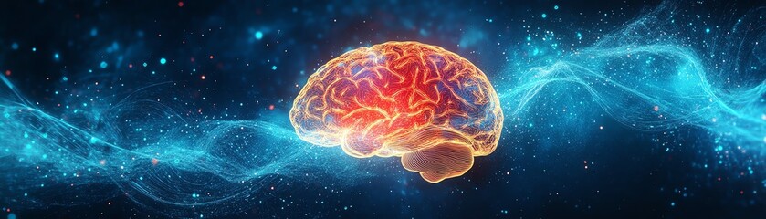 Fototapeta premium Illustration of a human brain in the center, light blue background with vibrant energy bursts and flowing shapes, symbolizing cognition and mental activity, ultraHD, 8K quality