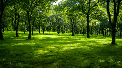 Sun Dappled Forest Scene: Lush Green Trees and Grassy Meadow