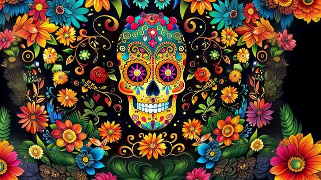 Colorful Dia de los Muertos artwork with flowers, skulls, and decorative elements on a dark background Day of the Dead. AI