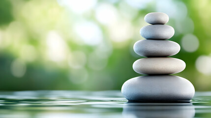 Obraz premium A serene stack of smooth stones balanced on water, symbolizing harmony, peace, and tranquility in a natural setting.