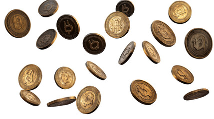 Coins falling isolated on white background