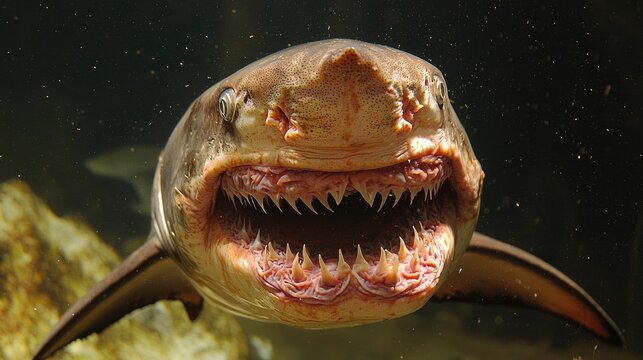Sandtiger shark underwater close-up, aquarium background, ocean wildlife
