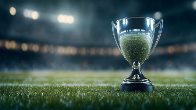 A shining trophy placed on green grass, symbolizing victory and achievement in sports, surrounded by a blurred stadium backdrop.
