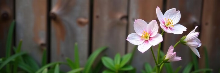 Fototapeta premium White and pink Aquilegia against a wooden background, nature, garden