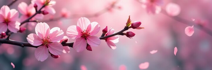 Obraz premium Soft pink sakura petals scattered on a tree branch, flowering branches, blossom colors