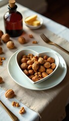 Walnut halves scattered on a linen tablecloth with a heart-shaped plate as the centerpiece, heart shape, warm lighting, rustic charm