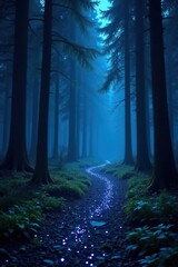 A dark forest with a serpentine path of twinkling blue stars, eerie glow, dark forest
