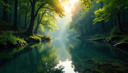 Obraz premium Forest river with shimmering light on calm water surface, natural, peaceful, reflection