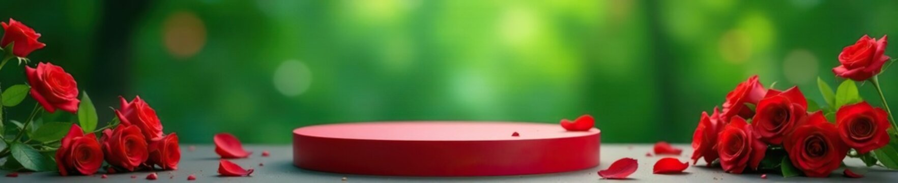 Rose-filled red podium against a serene green background, scenery, peaceful