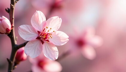 Fototapeta premium Soft pink petals unfurl from white blossoms on a blooming peach tree branch, pink, peach tree