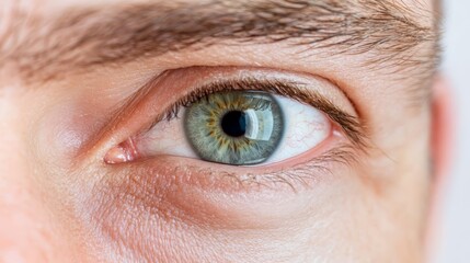 Close up of a male green eye, showcasing the intricate details of the iris, pupil, and surrounding skin, emphasizing themes of vision health and cosmetology