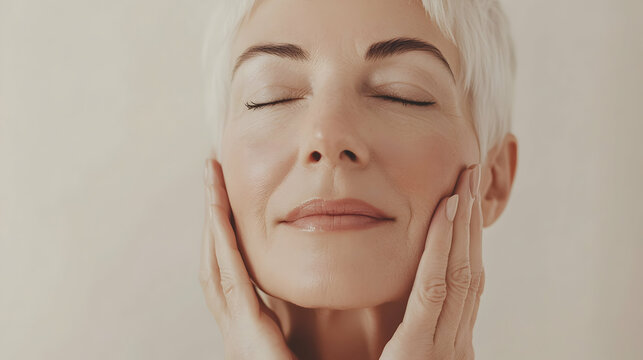 Elegant serene senior woman with closed eyes touching her face in relaxation moment