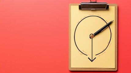 Creative Concept of Time Management with Clock Drawing and Pen on Yellow Paper Clip Board against Red Background