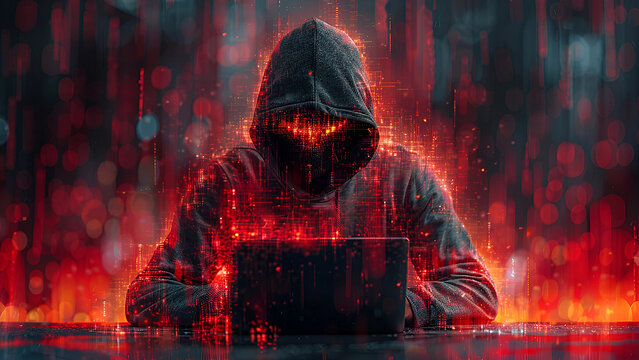 Anonymous Hacker in Hoodie Using Laptop in Dark Cyber security Concept