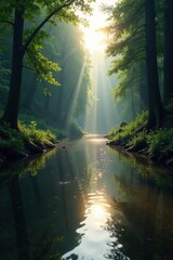 Obraz premium Forest river with shimmering light on calm water surface, surface, shimmer