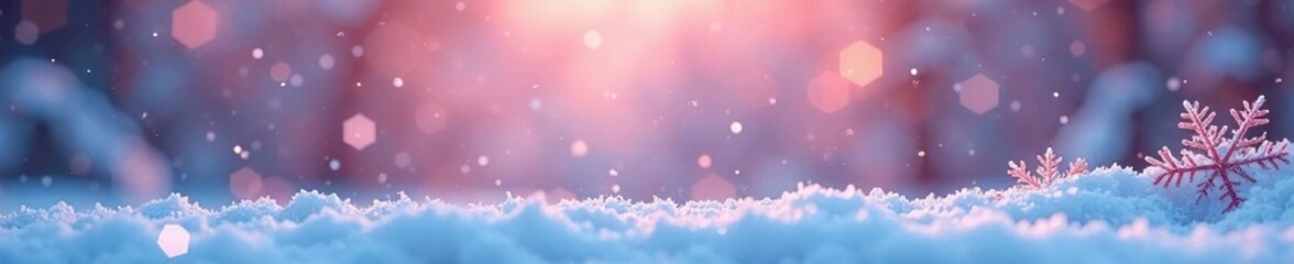 Rose-hued snowflakes gently falling on a serene winter landscape, icy, snowy