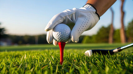 A close-up of a person placing a golf ball on a red tee, with a golf course background.