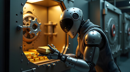 Fototapeta premium A robot in a high-tech vault carefully examines a gold bar, surrounded by secure lockers and glowing lights, reflecting a futuristic atmosphere
