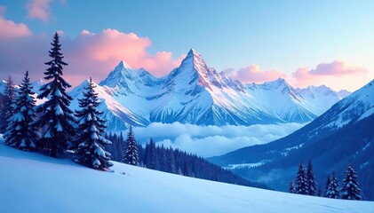 Fototapeta premium Silhouetted trees against a snowy mountain range, snowy mountains, silhouetted trees