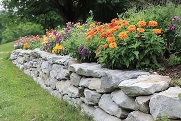 Colorful flowerbeds on a stone wall