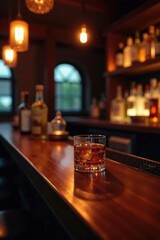 Low-lit bar with wooden counter and glass bottles, spirits, wood, dark