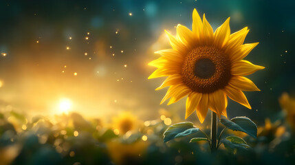 A stunning sunflower radiates beauty under a golden sunset, surrounded by a field of green, symbolizing warmth and positivity.