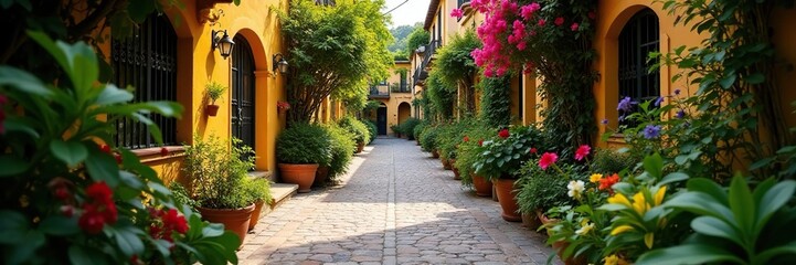 Naklejka premium Calle empedrada con paseos y jardines en flor, paseo, callej?n, jard?n