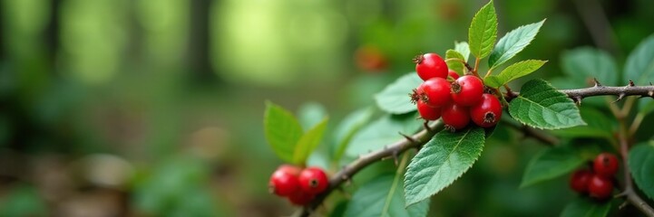 Low bush cranberry with red berries and thorns, thorny shrub, forest floor, woodland