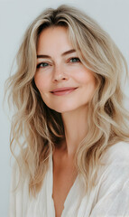 Fototapeta premium Portrait of a serene blonde woman with wavy hair, posing against a neutral backdrop
