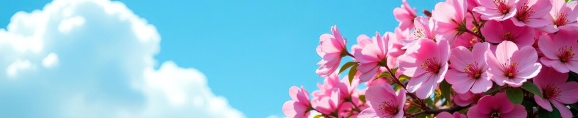 Pink flowers in a bush against a bright blue sky with fluffy white clouds, pink, bloom