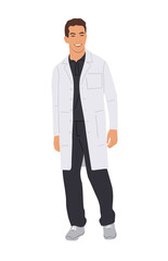 Male doctor character. Smiling doctor, paramedic. Medic worker standing in uniform and white coat. Flat cartoon realistic vector illustration isolated