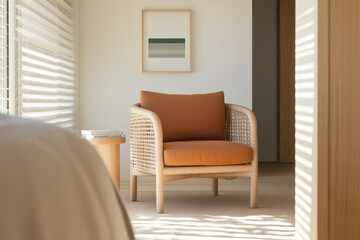 Cozy interior featuring a stylish chair with warm accents in a well-lit room