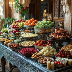 Obraz premium An elegant Iftar spread featuring traditional dishes, fruits, and sweets arranged artistically on a decorative tablecloth with Islamic motifs