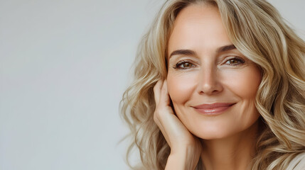 Fototapeta premium Portrait of a beautiful middle aged woman with blonde hair, radiating warmth and elegance