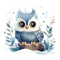 Obraz premium Cute winter owl illustration with blue watercolor foliage and snow. Baby forest animal cartoon character for nursery art, children books and greeting cards design with copy space
